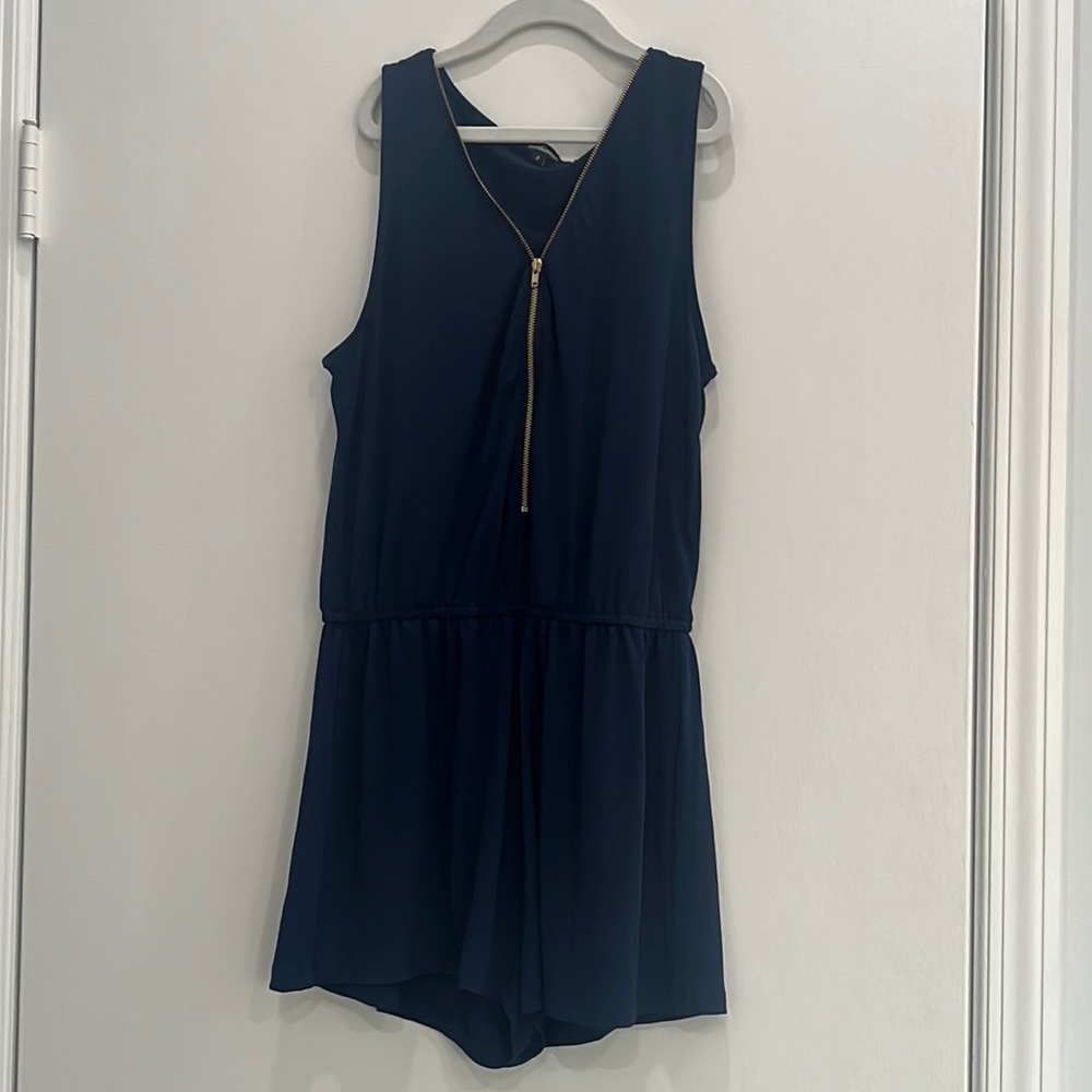 Navy Blue Sleeveless Romper with Gold Zipper Detail